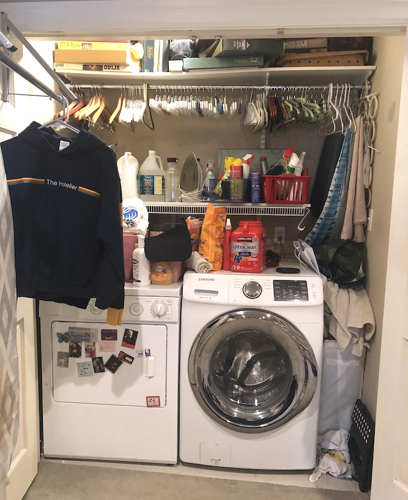 A messy unorganized laundry room